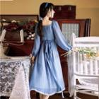 Long-sleeve Frill Trim Sheer Midi A-line Dress