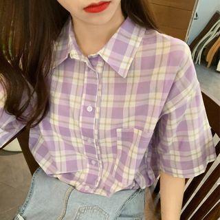Pocket-front Gingham Short-sleeve Shirt Purple - One Size