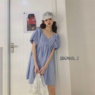 Puff Short-sleeve A-line Dress Light Blue - One Size