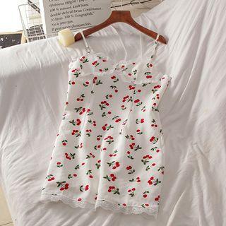 Spaghetti Strap Cherry Print Lace Trim Mini Sheath Dress Red Cherry - White - One Size
