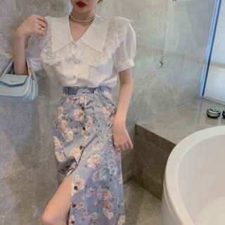 Puff-sleeve Doll-collar Lace Trim Blouse/ High Waist Floral Slit Skirt
