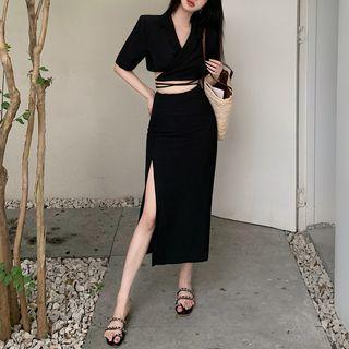 Short-sleeve V-neck Cross Strap Top / High-waist Slit Midi Skirt