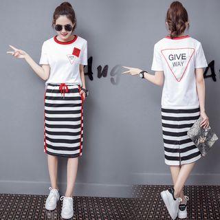Set: Short-sleeve T-shirt + Stripe Midi Skirt