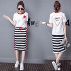 Set: Short-sleeve T-shirt + Stripe Midi Skirt