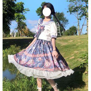 Elbow-sleeve Sailor Collar Blouse / Printed Midi A-line Skirt