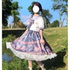 Elbow-sleeve Sailor Collar Blouse / Printed Midi A-line Skirt