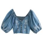 Puff-sleeve Floral Embroidered Denim Blouse