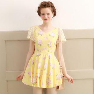 Lace-sleeve Floral Dress