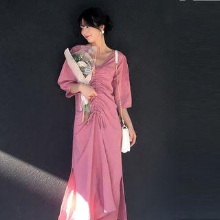 Shirred V-neck Slim-fit Dress