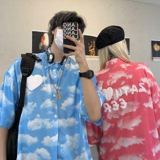 Short-sleeve Lettering Cloud Print Shirt