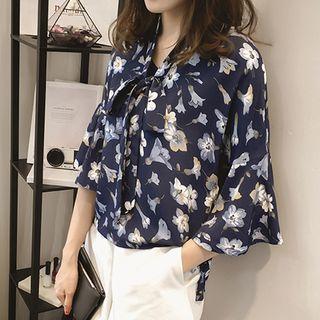 3/4-sleeve Floral Ribbon Chiffon Blouse