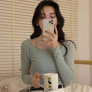 Set: Long-sleeve Lettuce Edge Cropped Top + Camisole Top