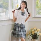 Set: Elbow-sleeve Tie-neck Shirt + Plaid Mini A-line Skirt