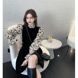 Long-sleeve Flower Print A-line Dress / Midi A-line Dress