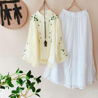 Long-sleeve Traditional Chinese Embroidered Top / Wide-leg Pants