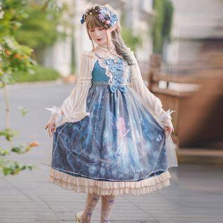 Printed Ruffled Lolita Jumper Skirt / Bell-sleeve Ruffled Blouse / Bonnet / Petticoat / Set