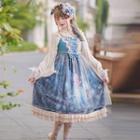 Printed Ruffled Lolita Jumper Skirt / Bell-sleeve Ruffled Blouse / Bonnet / Petticoat / Set