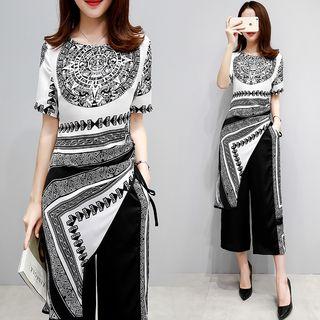 Set: Short-sleeve Patterned Top + Cropped Pants