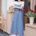 Floral Embroidered Denim Midi A-line Overall Dress / Elbow-sleeve Collar Blouse