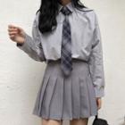 Plain Shirt With Tie / High Waist Pleated Skirt