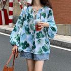 Picture Print Crewneck Puff-sleeve Blouse Green - One Size