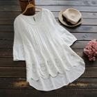 3/4-sleeve Pintuck Scalloped-hem Lace Top
