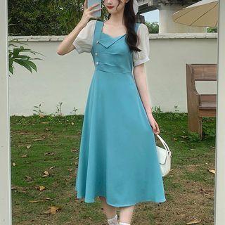 Short-sleeve Square-neck Waist Dress