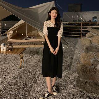 Short-sleeve Chiffon Midi Dress Black - One Size