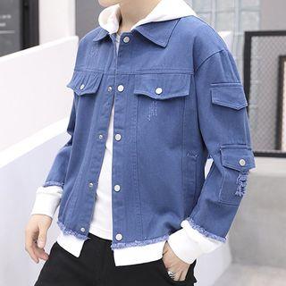 Mock Two-piece Lettering Hooded Button Jacket