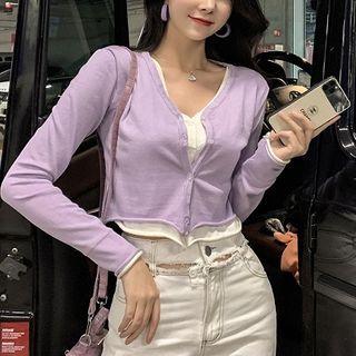 Long-sleeve Mock Two-piece Buttoned Knit Top