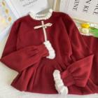 Details Furry-trim Knit Midi Dress Red - One Size