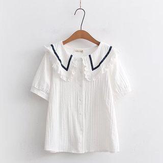 Elbow-sleeve Collar Blouse White - One Size
