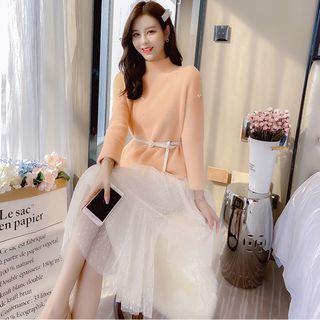 Set: Mock Neck Beaded Knit Top + Mesh Skirt