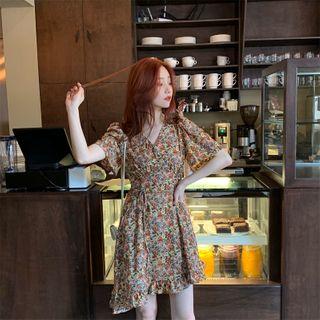 Floral Short-sleeve A-line Dress Tangerine - One Size