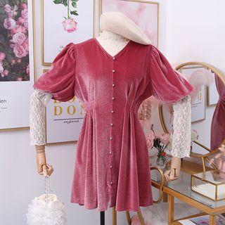 Set : Half-high Collar Lace Long-sleeved Top + Velvet Dress