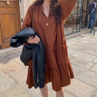 V-neck Long-sleeve Shift Dress Maroon Brown - One Size