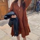 V-neck Long-sleeve Shift Dress Maroon Brown - One Size