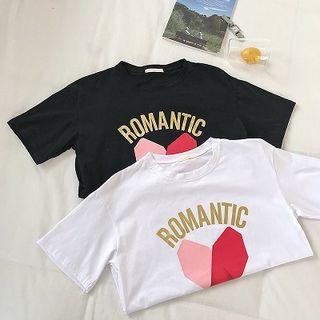 Heart Lettering Printed Crewneck Short-sleeve Top