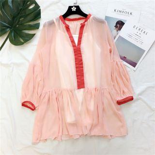 Set: V-neck Long-sleeve Chiffon Dress + Spaghetti Strap Dress