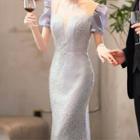 Short-sleeve Rhinestone Mermaid Cocktail Dress