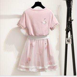 Set: Short-sleeve T-shirt Dress + Swan Embroidered Skirt