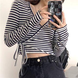 Long-sleeve Striped Wrap Cropped T-shirt Stripe - Black & White - One Size