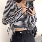 Long-sleeve Striped Wrap Cropped T-shirt Stripe - Black & White - One Size
