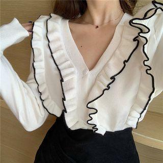 Contrast Trim Ruffle Blouse White - One Size