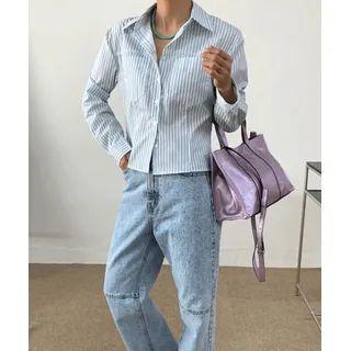 Cropped Pinstriped Shirt Stripe - One Size