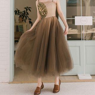 Spaghetti Strap Leaf Embroidery Midi Tutu Dress