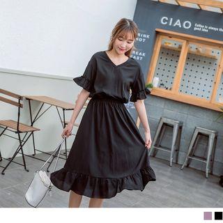 Frilled Trim V-neck Midi A-line Dress