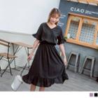 Frilled Trim V-neck Midi A-line Dress