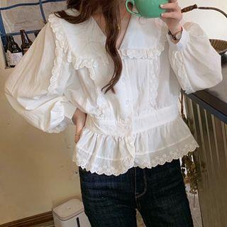 Plain Loose-fit Lace Blouse White - One Size