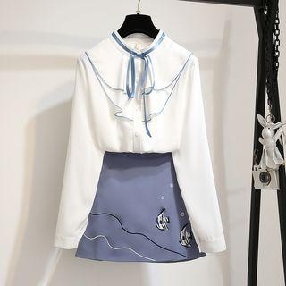 Set: Chiffon Blouse + Fish Embroidered A-line Skirt